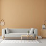 Gray sofa in brown living room interior with copy space for mock up, 3D rendering