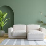 Sofa in green living room interior with copy space, 3D rendering